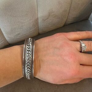 Chain, leather inlay stainless steel bangle